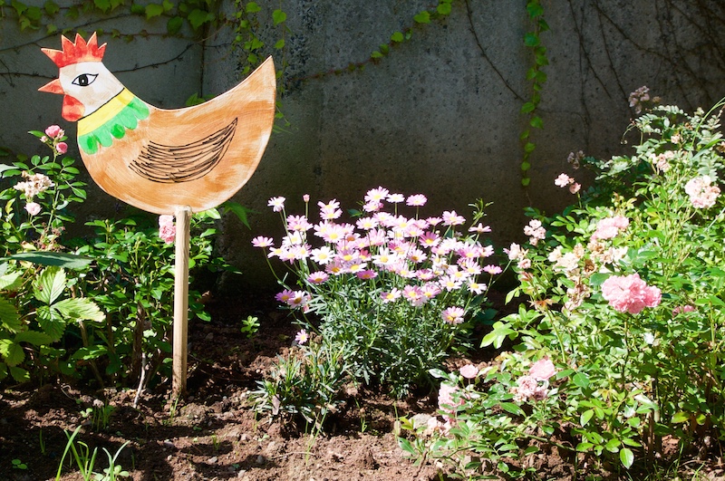 Blühender Garten mit einem Deko-Huhn