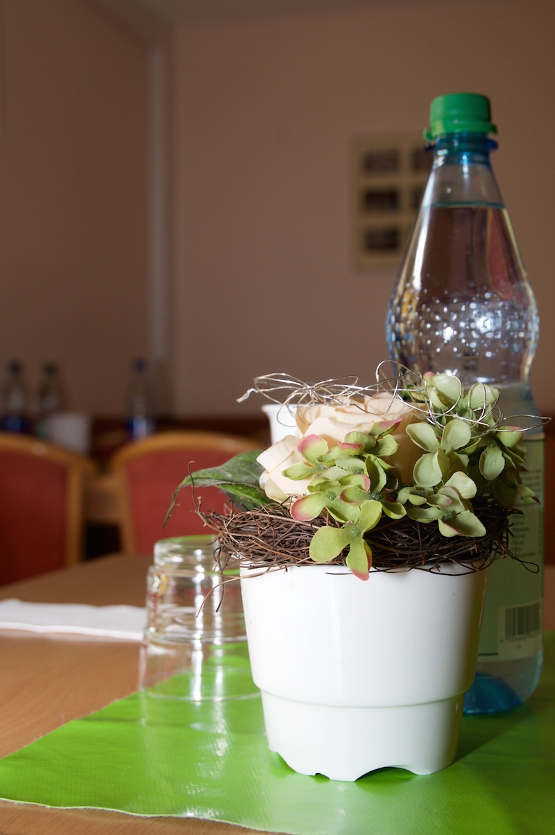 Tischdekoration mit Blumentopf