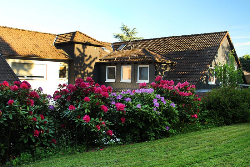 Haus Martin von der Gartenseite mit blühenden Rhododendren